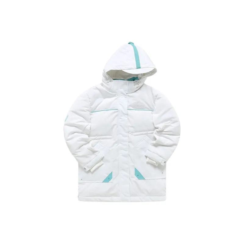 FILA FUSION Streetsport Letter Hooded Loose Fit Mid Length Down Jacket Women's Standard White-0