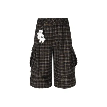YINLEI Casual Shorts Unisex Brown Plaid