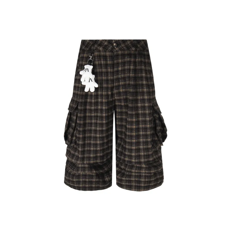 YINLEI Casual Shorts Unisex Brown Plaid-0