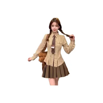 XIANSINIAO Two Piece Skirt Sets Women's Striped Shirt+Brown Skirt Set