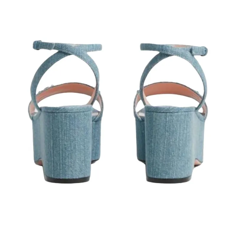 GUCCI Horsebit One Strap Sandals 7.3cm Women's Blue-4