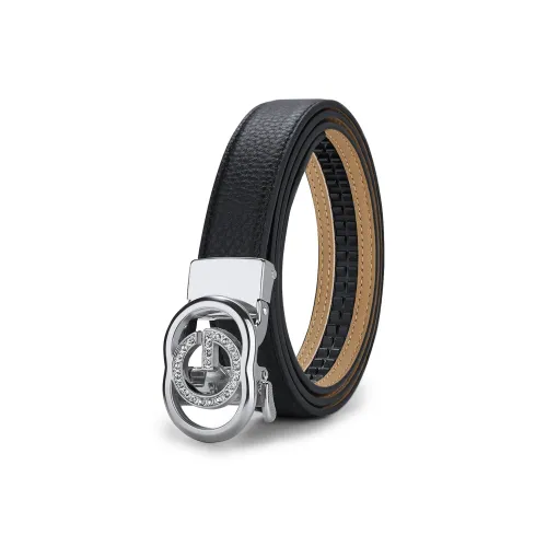 WilliamPOLO Top Grain Cow Leather Belts Women's Silver Buckle Black Strap Width 2.4cm