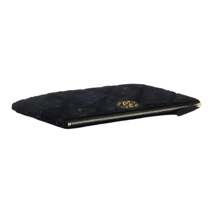 CHANEL 19Bag Twill Soft Woolen Pouch Clutch Women's Black & Marine Blue & Gold-3