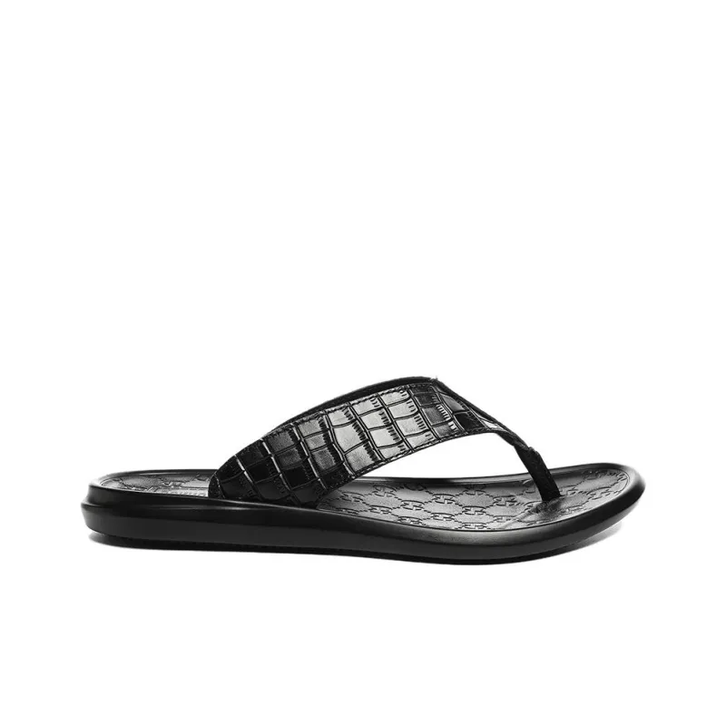 Dunnu Rubber Sole Leather Patchwork Quiet Flip Flops Men's Black-1