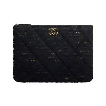 CHANEL 19Bag Twill Soft Woolen Pouch Clutch Women's Black & Marine Blue & Gold