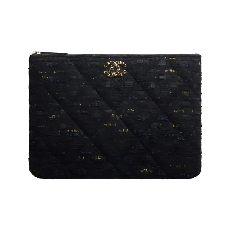 CHANEL 19Bag Twill Soft Woolen Pouch Clutch Women's Black & Marine Blue & Gold-0