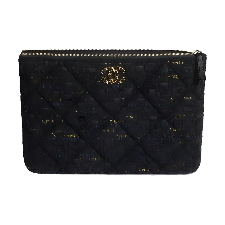 CHANEL 19Bag Twill Soft Woolen Pouch Clutch Women's Black & Marine Blue & Gold-1