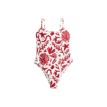 H&M One Piece Swimsuits Women's White/Dark Red Pattern