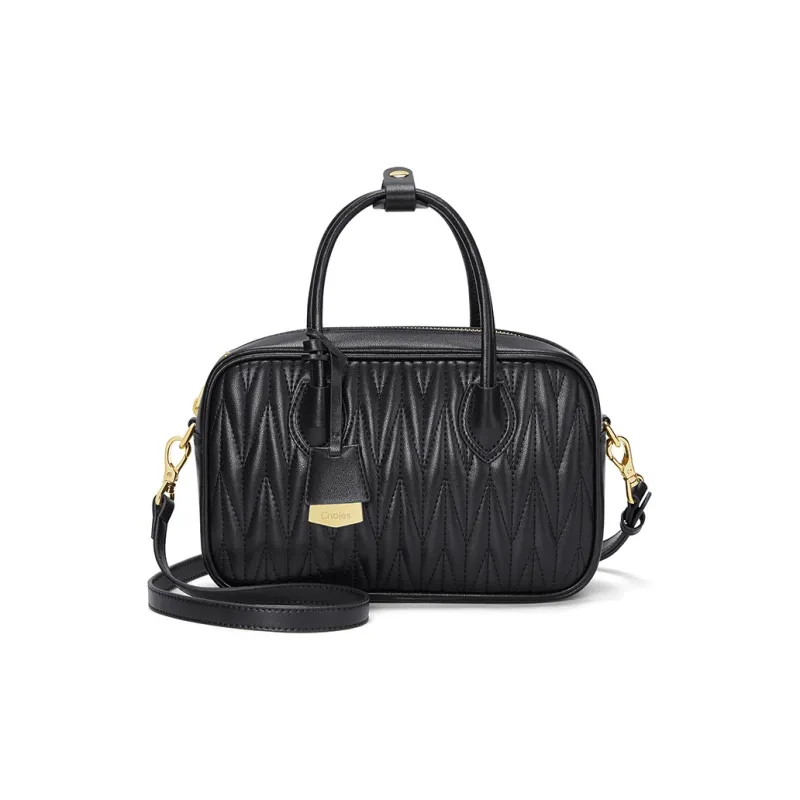 CNOLES Cow Leather Bowling Bag, Handbag Regular Women's Ecru/Black-7
