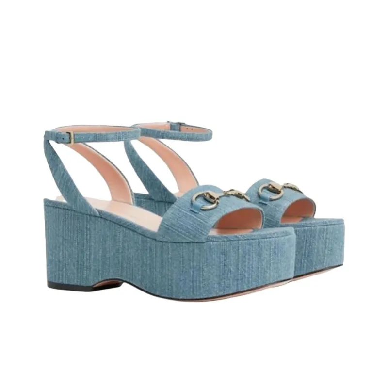 GUCCI Horsebit One Strap Sandals 7.3cm Women's Blue-2