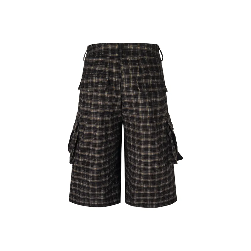 YINLEI Casual Shorts Unisex Brown Plaid-1