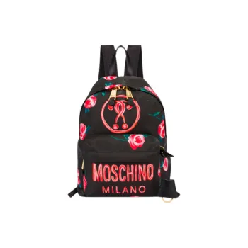 MOSCHINO Nylon Backpack Medium Size Women's Black Rose Red