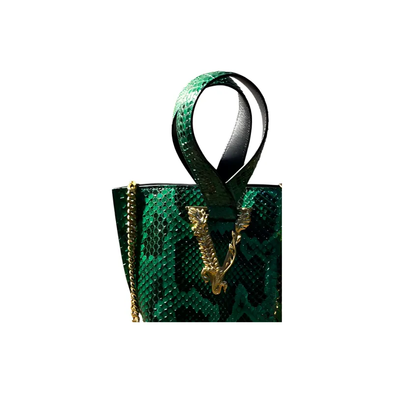 VERSACE Virtus Python Skin Bucket Bag, Crossbody, One Shoulder Handbag Mini Women's Green-2