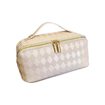 Gentle Welcome Diamond Pattern PU Leather Large Capacity Storage Bag Portable Makeup Bags