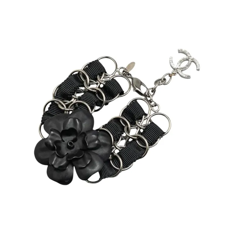 CHANEL 2009 Nylon Resin Camellia Chain Ribbon Bracelet Costume Bracelet-1
