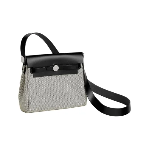 HERMES Herbag Zip Viking Canvas With Hunter Cow Leather Crossbody Bag, Shoulder Bag Women's Black & Gray