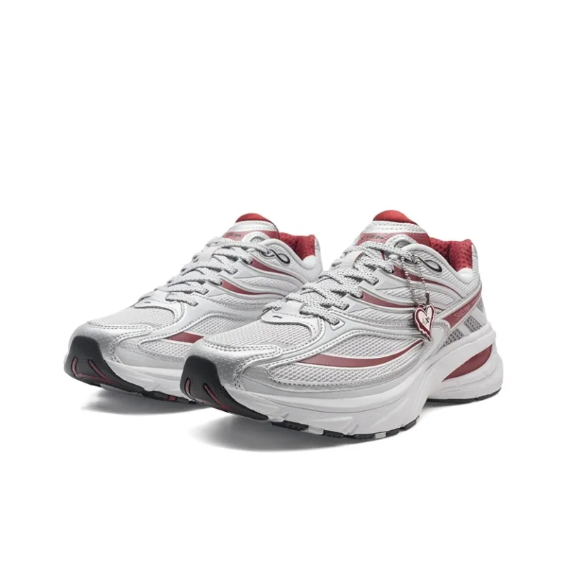 XTEP Small Basque 2nd Generation Abrasion Resistant Lightweight Rebound Low Top Casual Shoes Women's Silver Gray Red-2