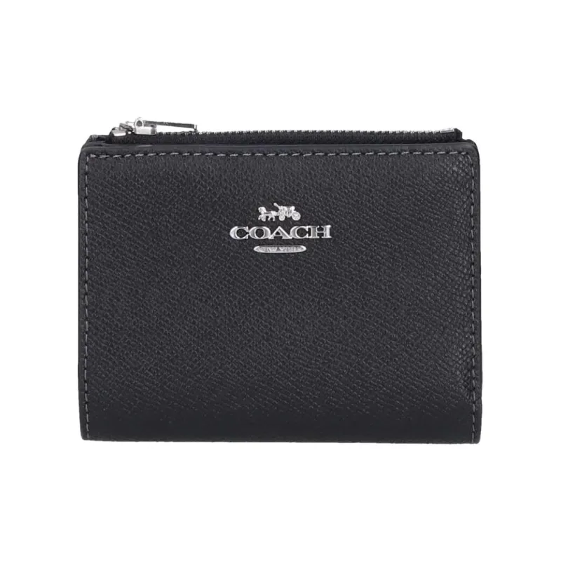 COACH Cross Grain Leather Wallet Mini Women's Silver & Black-0