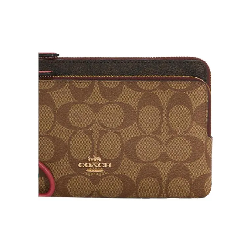 COACH Double Zip Wallet Canvas Wrist Clutch Trumpets Women's Khaki & Bright Pink-2