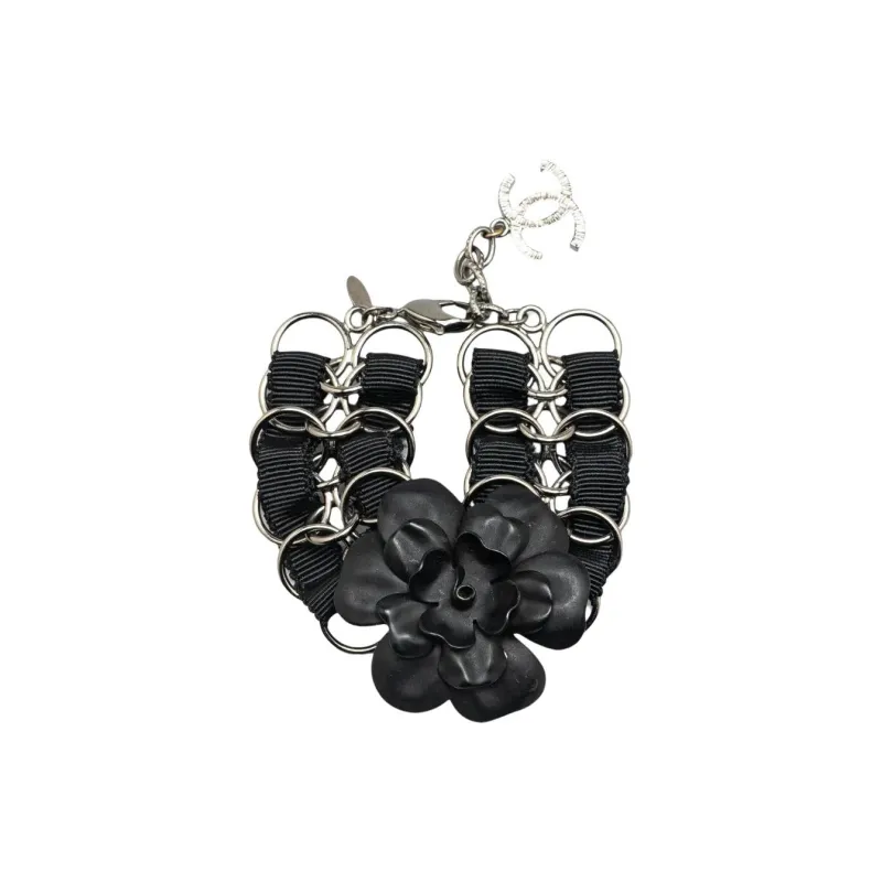 CHANEL 2009 Nylon Resin Camellia Chain Ribbon Bracelet Costume Bracelet-2
