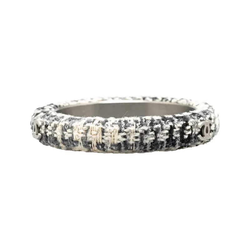 CHANEL 2009 Cc Silver And Tweed Narrow Bangle Costume Bracelet-1