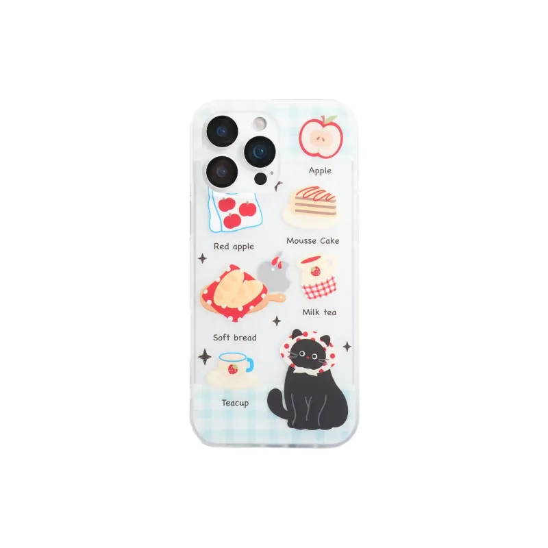 Sopi Acrylic Material Plaid Black Cat Cake Dessert Phone Cases Compatible With IPhone 16/15 Pro Max/Apple 13/14 Pro/Max-4