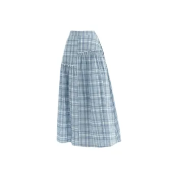 ZXZA Casual Long Skirts Women's Blue Plaid