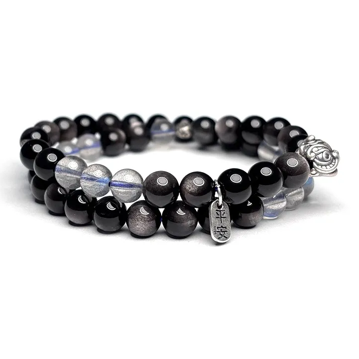MOUNTAINS AND MANS Natural Obsidian New Chinese Style Stackable Good Luck Beaded Bracelet Unisex-2