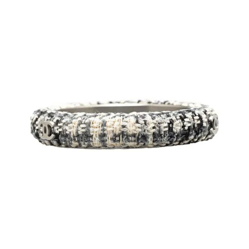CHANEL 2009 Cc Silver And Tweed Narrow Bangle Costume Bracelet-2