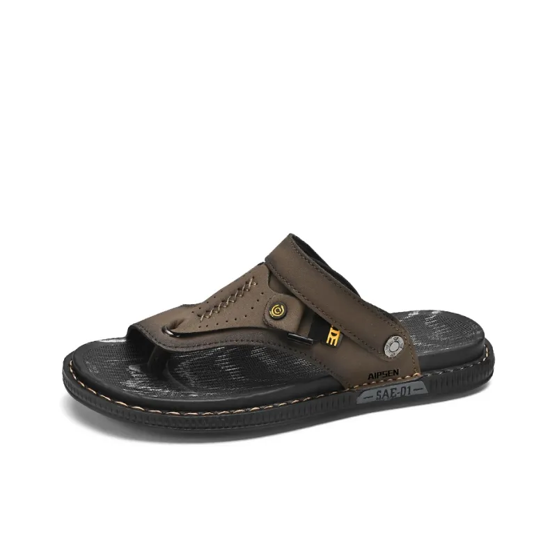 AIPSEN Rubber Sole Abrasion Resistant Slip Resistant Flip Flops Men's Brown-1