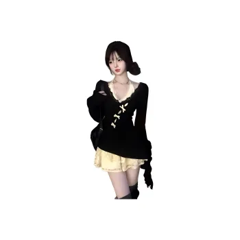 XIANSINIAO Two Piece Skirt Sets Women's Black Cover Up+Yellow Dress