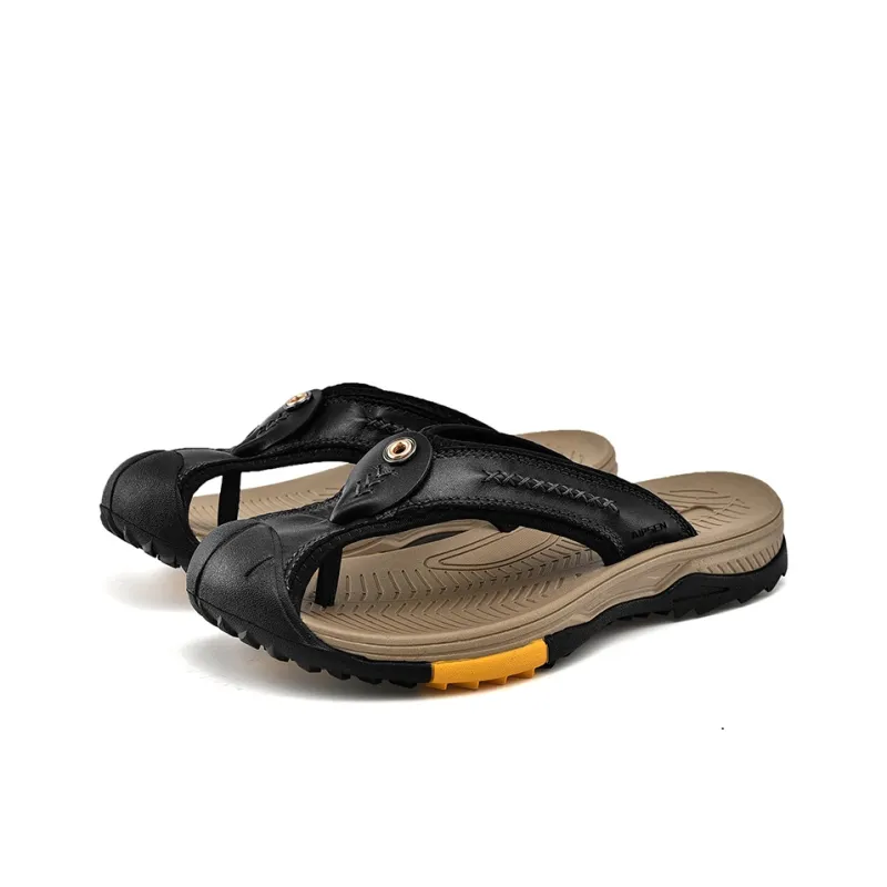 AIPSEN Rubber Sole Abrasion Resistant Slip Resistant Flip Flops Men's Black-2