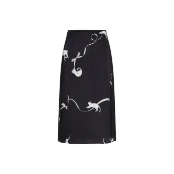 MO&CO Casual Long Skirts Women's Black Base With Whimsical Images