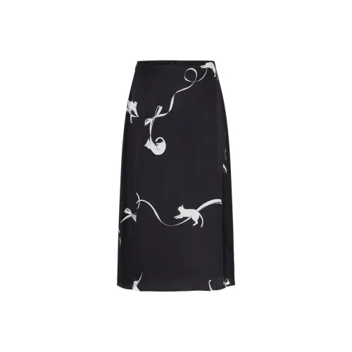 MO&CO Casual Long Skirts Women's Black Base With Whimsical Images