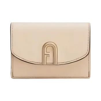 Furla Primula Stitched Grain Cow Leather Card Holder Wallet Women's Beige