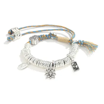 HOLLY RYAN Alloy New Chinese Style Silver Nugget Pendant, Wealth Fortune Lotus Woven Rope Bracelet, Adjustable Unisex