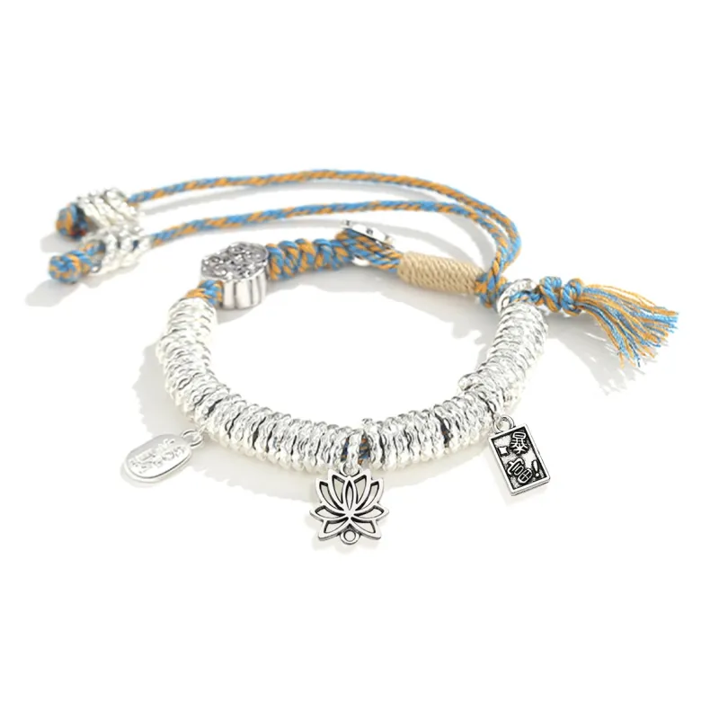 HOLLY RYAN Alloy New Chinese Style Silver Nugget Pendant, Wealth Fortune Lotus Woven Rope Bracelet, Adjustable Unisex-0