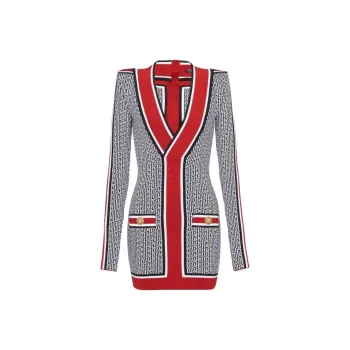 BALMAIN V neck Monogram Knitted Minidress