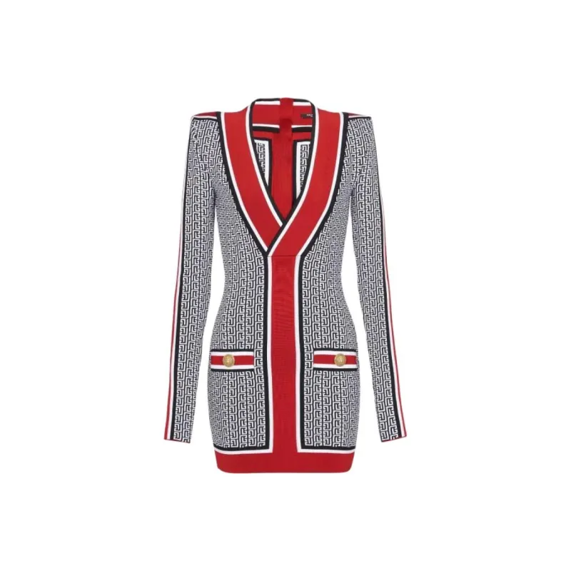 BALMAIN V neck Monogram Knitted Minidress-0