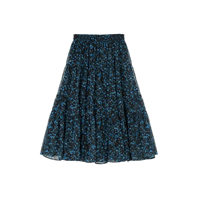 SOON FLOWER Casual Long Skirt Women's Black Sole Blue Floral-0