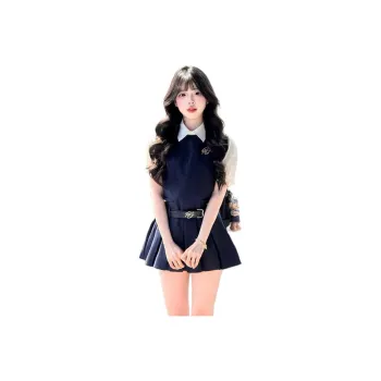 XIANSINIAO Two Piece Skirt Sets Women's Shirt+Navy Blue Dress+Belt
