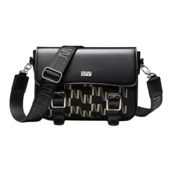 SEPTWOLVES Fabric+Artificial Leather Messenger Bag, Crossbody Bag Medium Size Unisex Black Khaki/black Blue