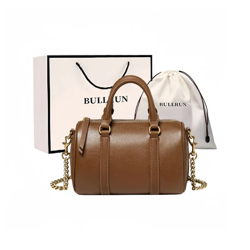 Bullrun Cow Leather Boston Bag Handbag Women's Vegetable Tanned Brown-0