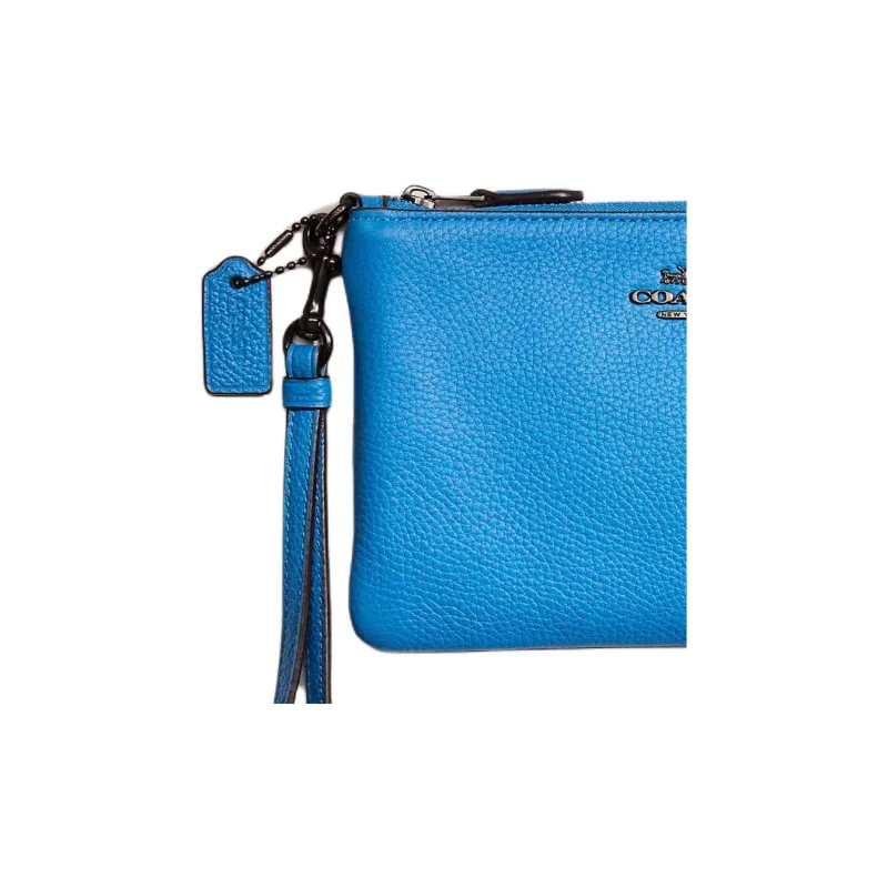 COACH Wristlet Polished Pebbled Leather Clutch Small Size Women's Asphalt Gray With Bright Blue Accents-1