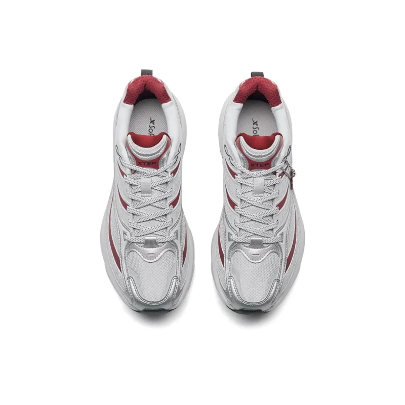 XTEP Small Basque 2nd Generation Abrasion Resistant Lightweight Rebound Low Top Casual Shoes Women's Silver Gray Red-3
