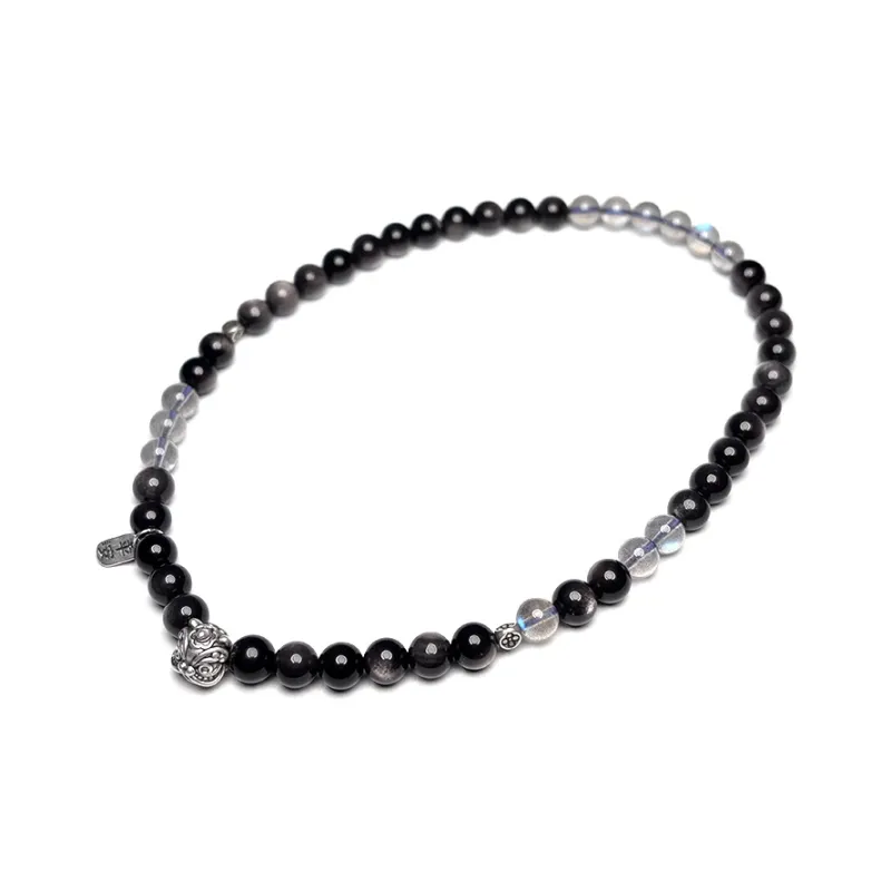 MOUNTAINS AND MANS Natural Obsidian New Chinese Style Stackable Good Luck Beaded Bracelet Unisex-4