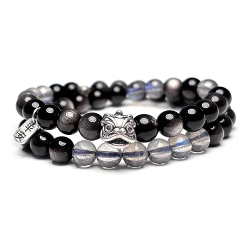 MOUNTAINS AND MANS Natural Obsidian New Chinese Style Stackable Good Luck Beaded Bracelet Unisex