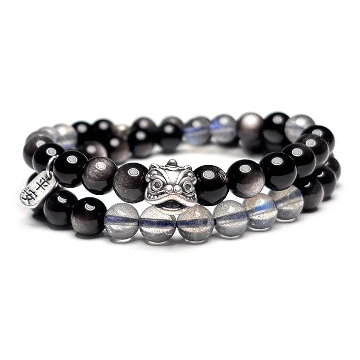 MOUNTAINS AND MANS Natural Obsidian New Chinese Style Stackable Good Luck Beaded Bracelet Unisex-0