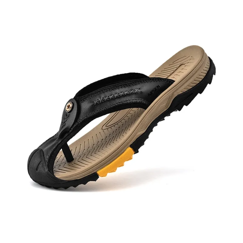 AIPSEN Rubber Sole Abrasion Resistant Slip Resistant Flip Flops Men's Black-3