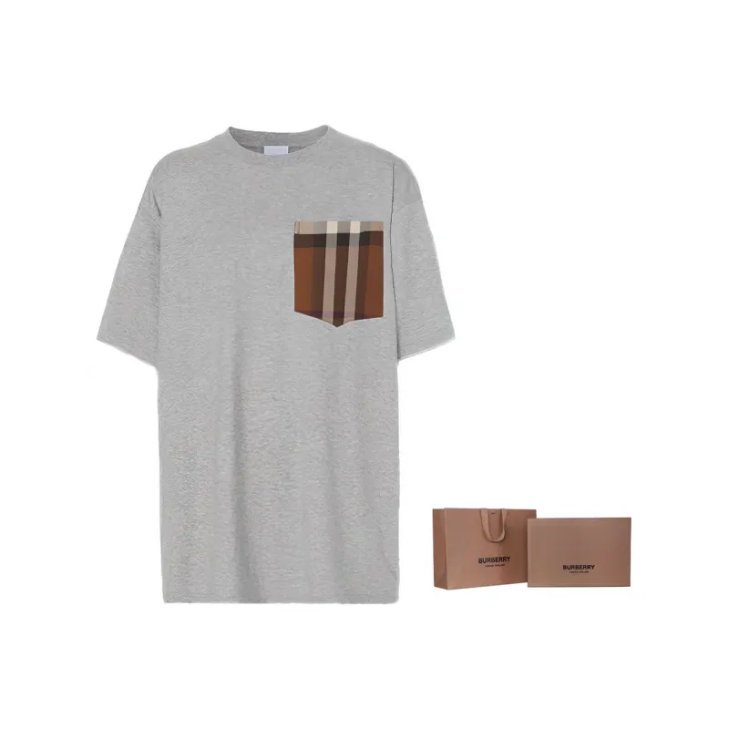 Burberry Check Print Pocket Tee 'Pale Grey Melange'-8